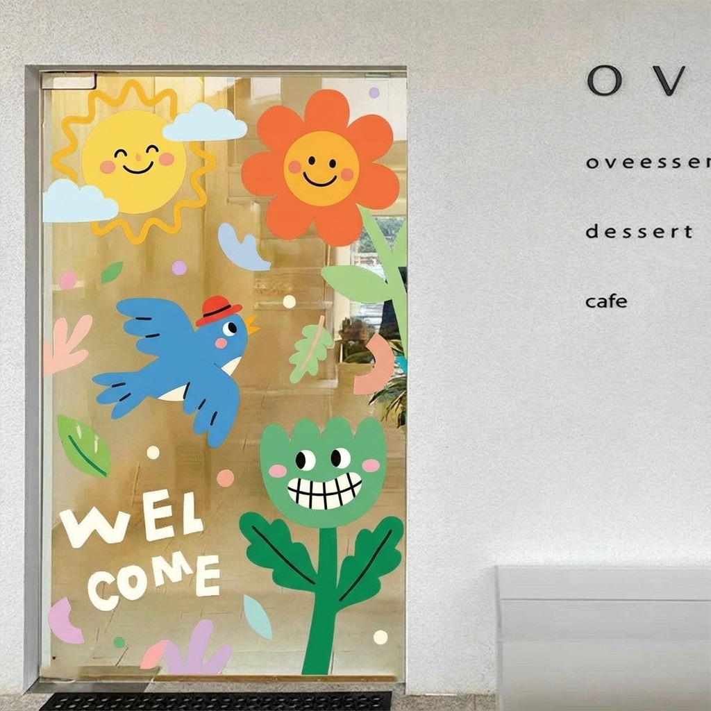 Colorful children's graphics on cafe window